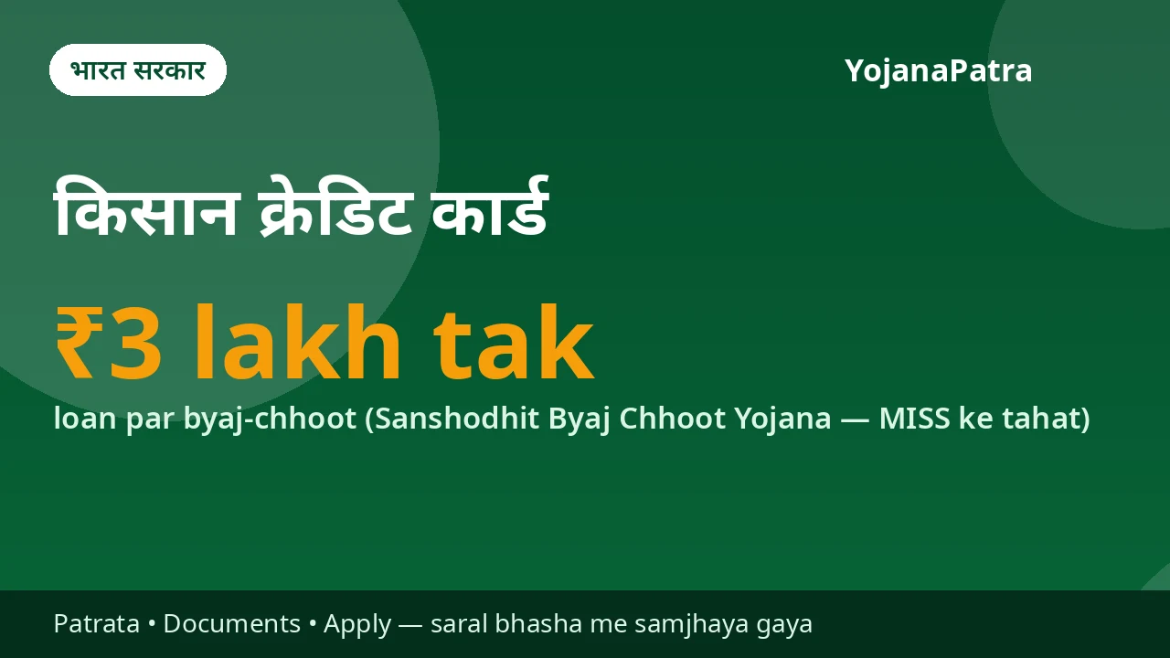 Kisan Credit Card (KCC) — Fasal aur sambaddh kaamon ke liye bank se aasan loan — ₹3 lakh tak 7% byaj, samay par chukta karne par 3% aur protsahan chhoot, matlab prabhavi sirf 4% byaj