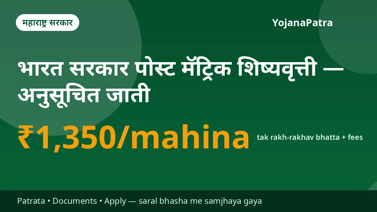 MahaDBT Scholarship (SC) — SC vidyarthiyon ko rakh-rakhav bhatta (₹250–₹1,350/mahina, course ke anusaar) + tuition aur pariksha fees ki bharpai