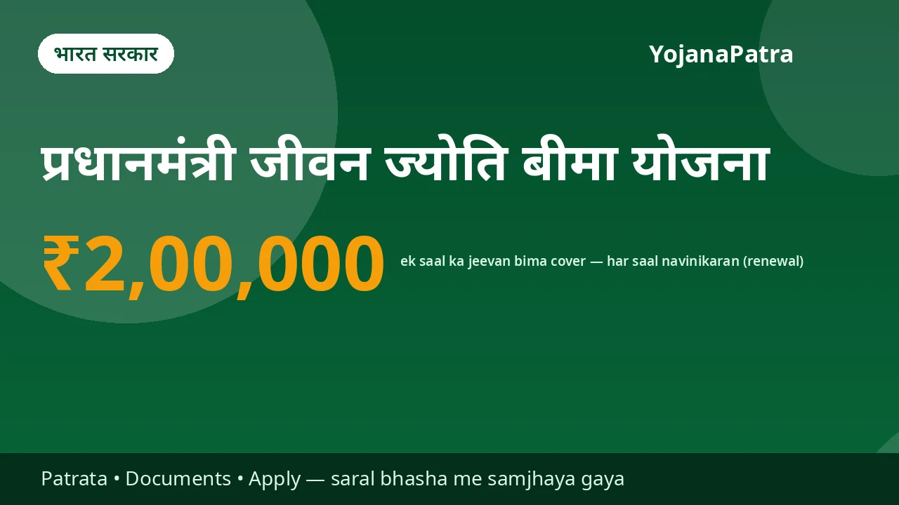 PM Jeevan Jyoti Bima (PMJJBY) — Kisi bhi karan se mrityu hone par nominee ko ₹2 lakh ka jeevan bima — premium sirf ₹436 prati varsh, khaate se apne aap kat ta hai