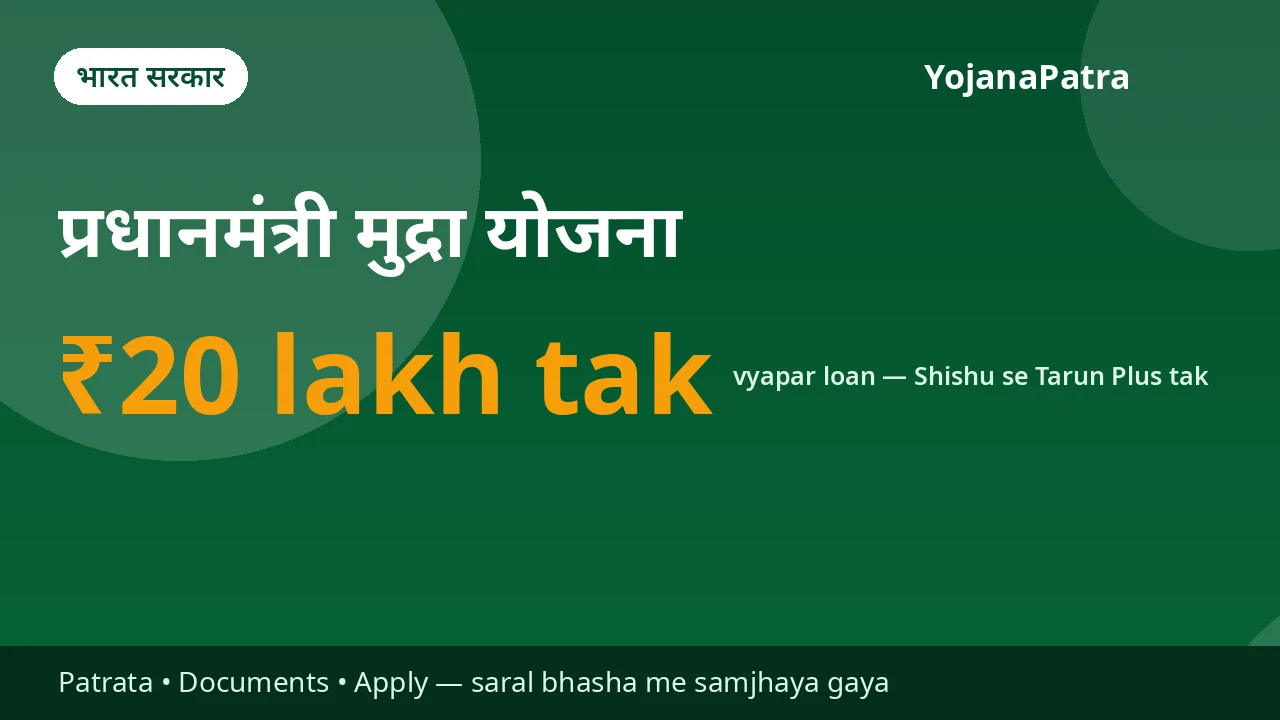 PM Mudra Loan — Chhote vyapar ke liye loan — Shishu ₹50,000 tak, Kishore ₹5 lakh tak, Tarun ₹10 lakh tak, Tarun Plus ₹20 lakh tak
